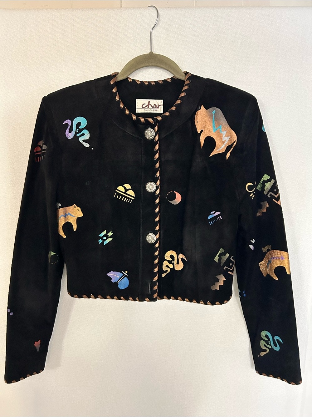 Vintage 80’s Char Santa Fe Black Suede painted Cropped Jacket